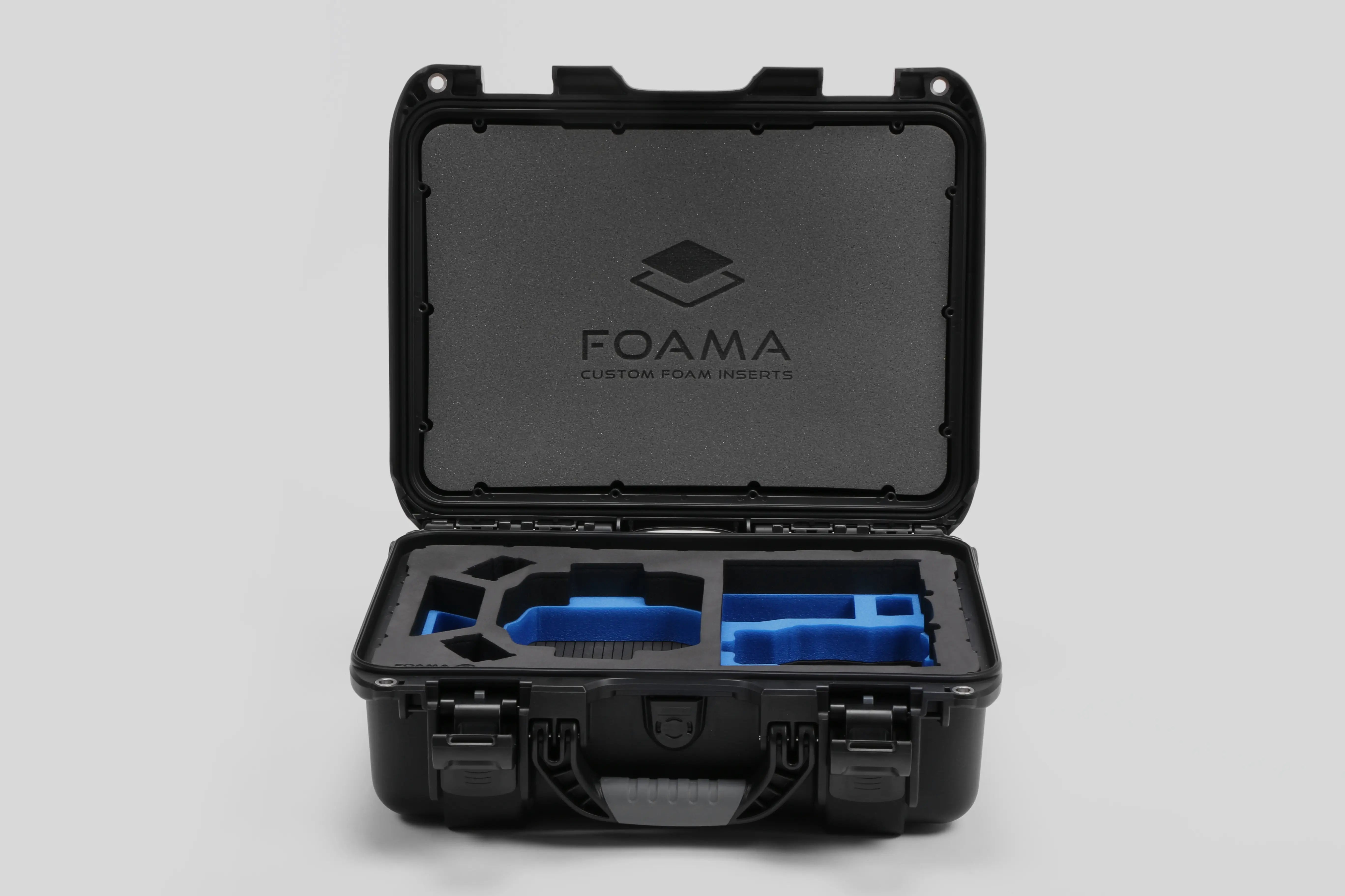 Front view of DJI Mini 4 Pro Hard Case with Foam Insert with blue layer.