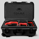 Front view of Foama Black Color Carry-on case and Custom Foam Insert with Red Layer for RED Komodo-X