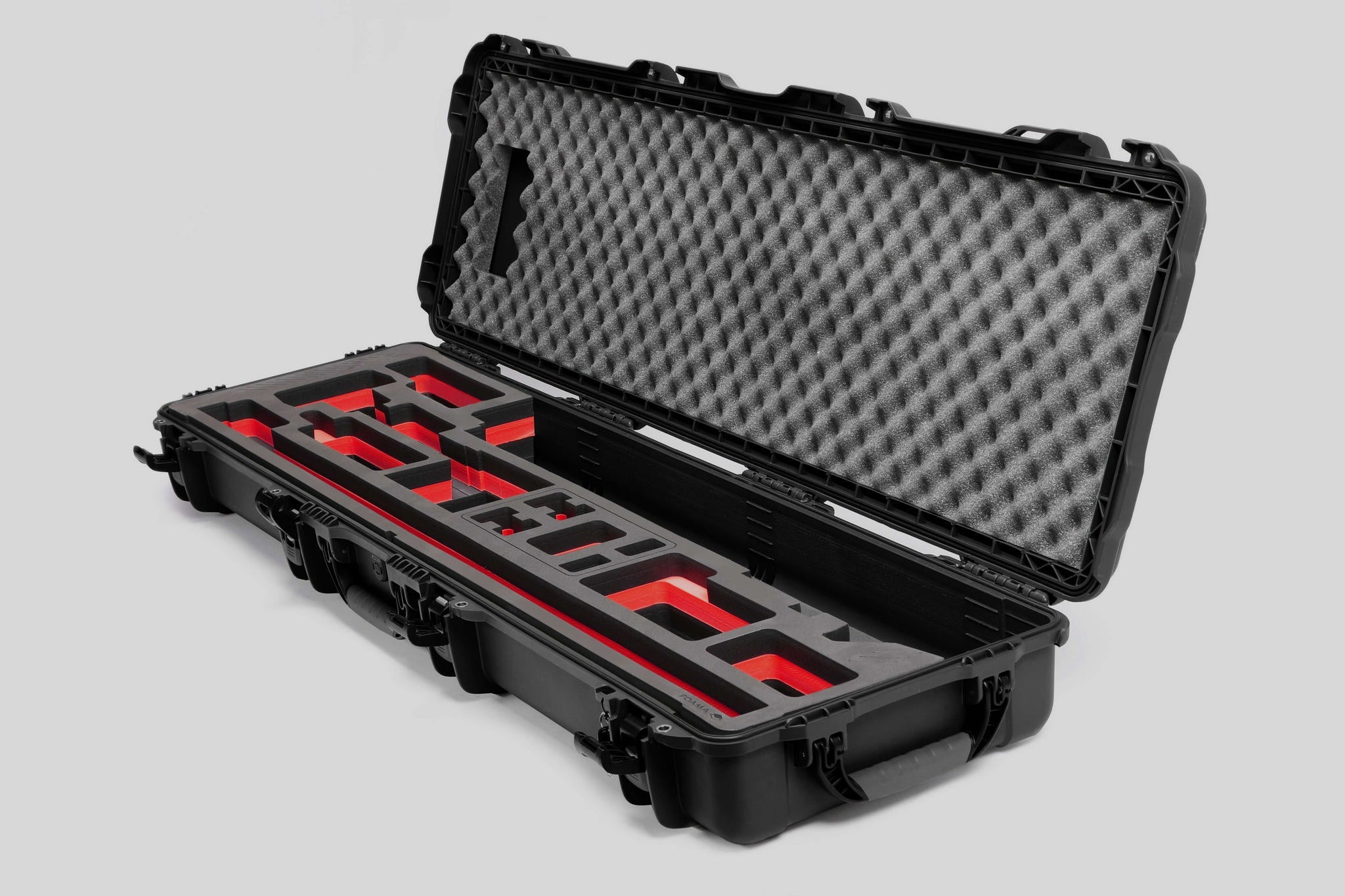 Angled view of Foama Fortified Black Color Hard Case and Custom Foam Insert with Red Layer for DJI D-RTK 2 Mobile Station
