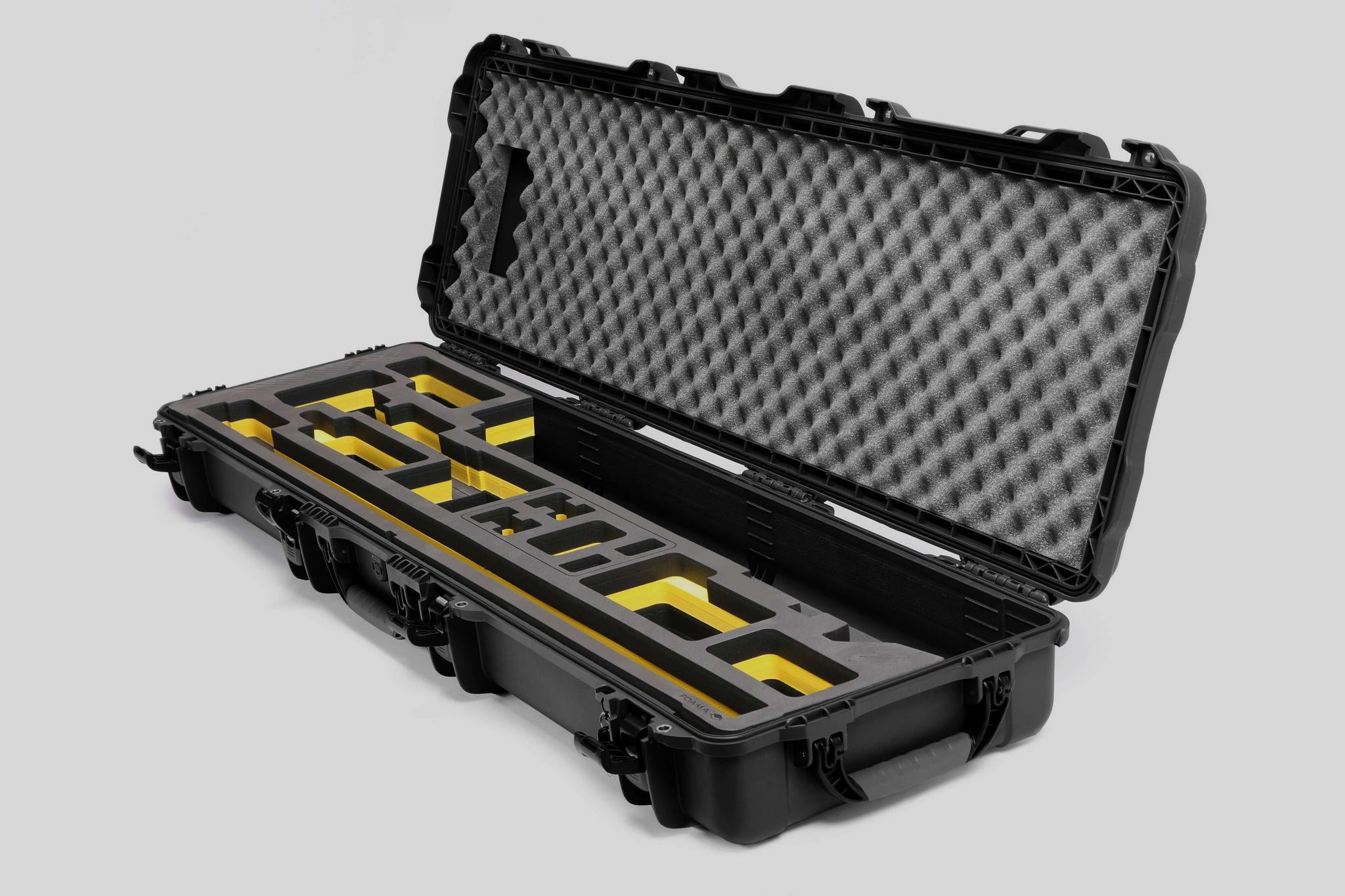 Angled view of Foama Fortified Black Color Hard Case and Custom Foam Insert with Yellow Layer for DJI D-RTK 2 Mobile Station