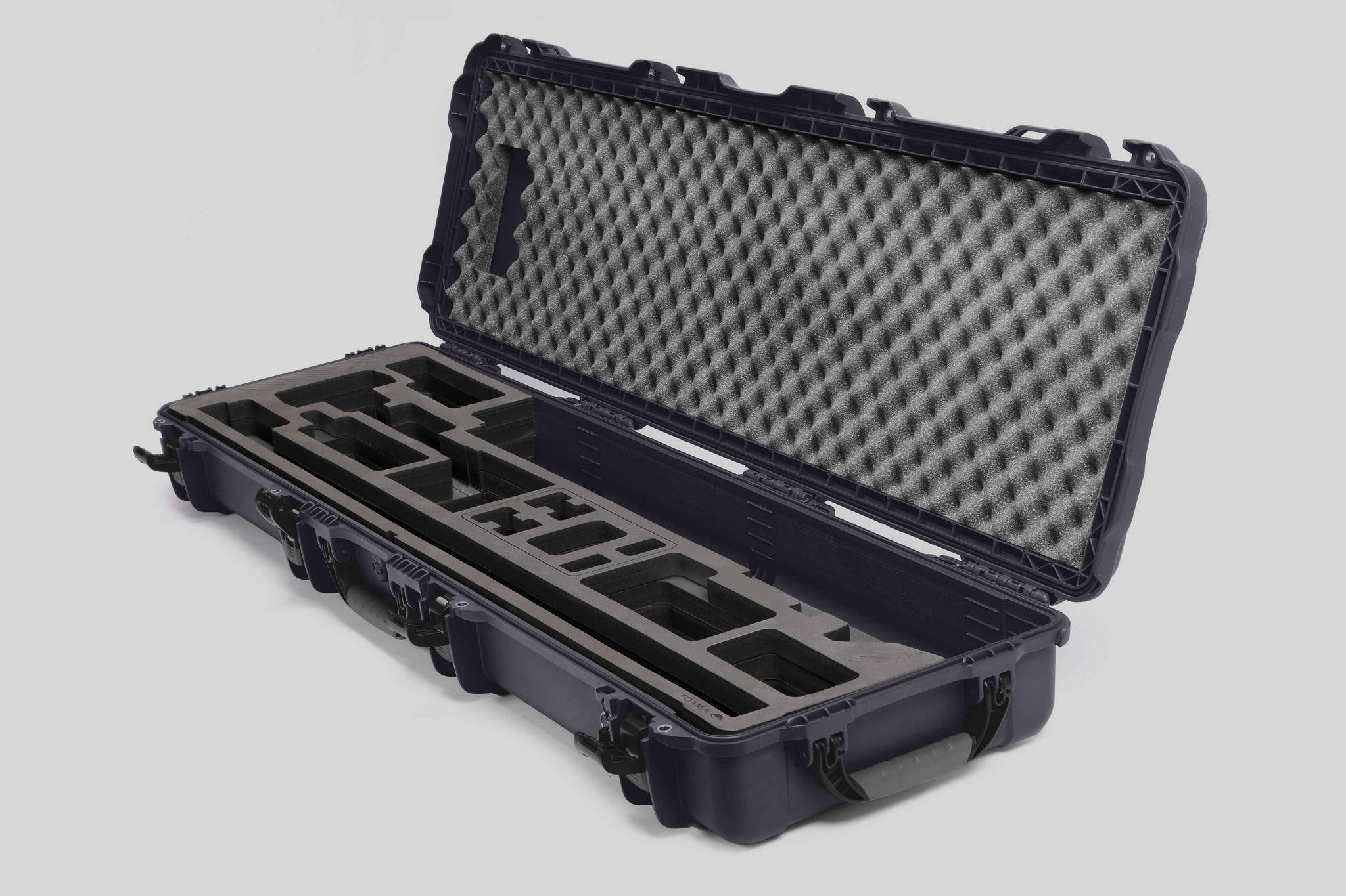 Angled view of Foama Fortified Graphite Color Hard Case and Black Custom Foam Insert for DJI D-RTK 2 Mobile Station