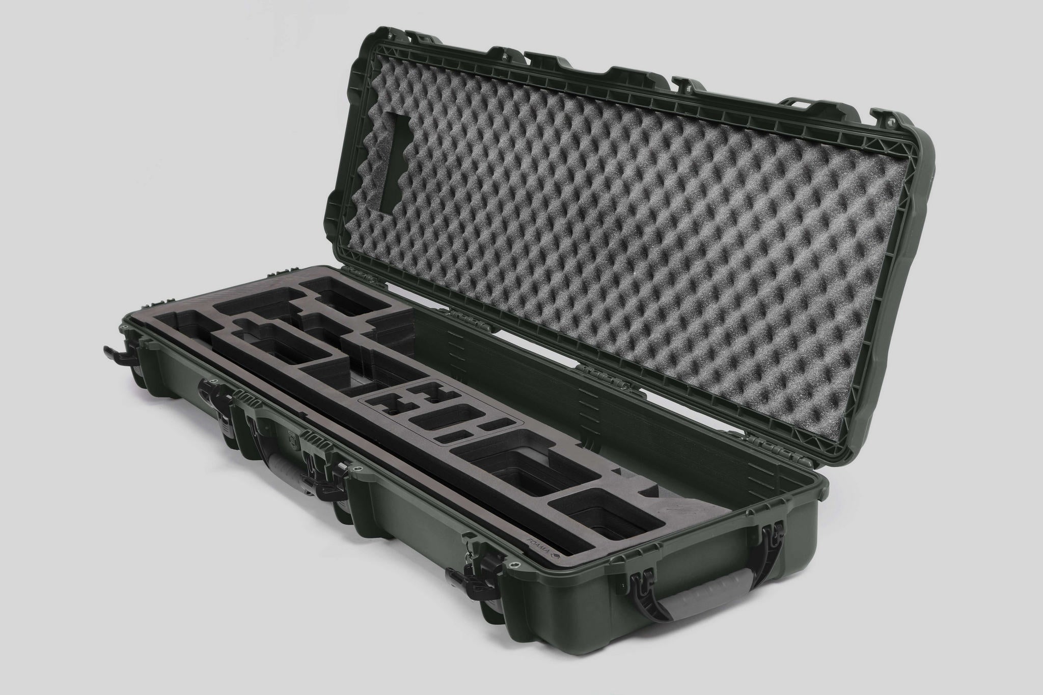 Angled view of Foama Fortified Olive Color Hard Case and Black Custom Foam Insert for DJI D-RTK 2 Mobile Station
