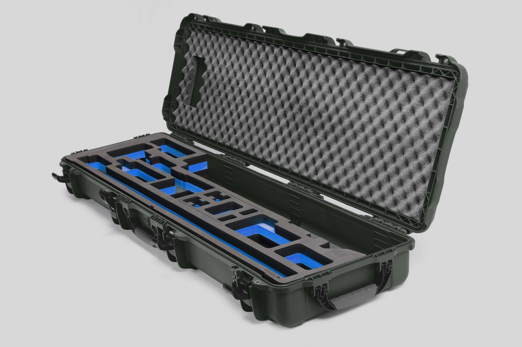 Angled view of Foama Fortified Olive Color Hard Case and Custom Foam Insert with Blue Layer for DJI D-RTK 2 Mobile Station
