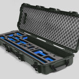 Angled view of Foama Fortified Olive Color Hard Case and Custom Foam Insert with Blue Layer for DJI D-RTK 2 Mobile Station