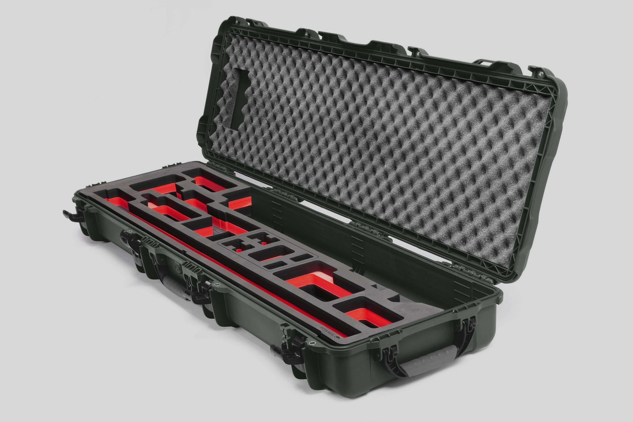 Angled view of Foama Fortified Olive Color Hard Case and Custom Foam Insert with Red Layer for DJI D-RTK 2 Mobile Station