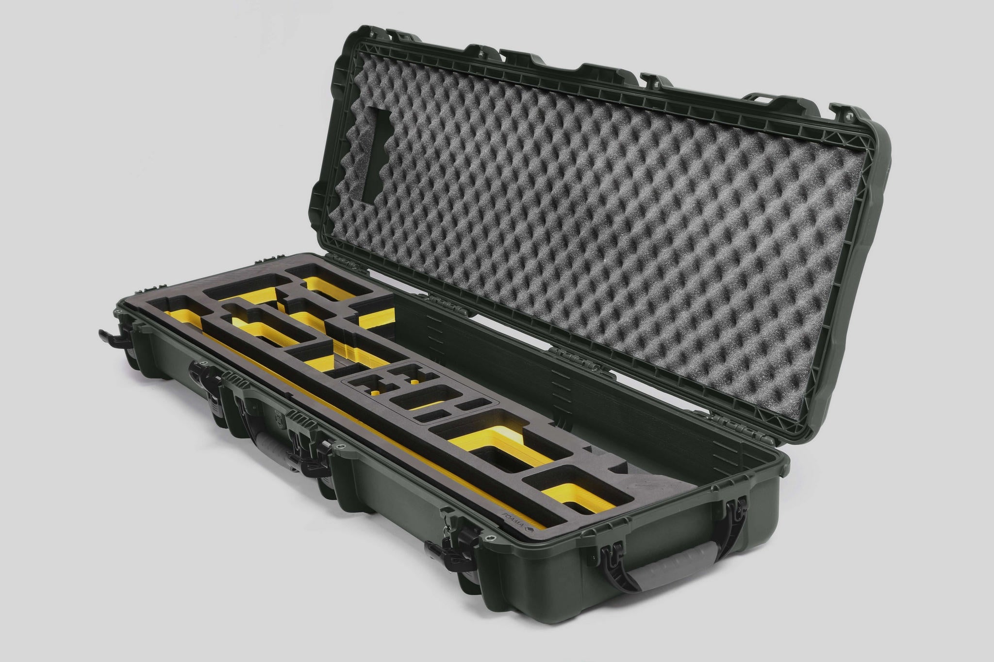 Angled view of Foama Fortified Olive Color Hard Case and Custom Foam Insert with Yellow Layer for DJI D-RTK 2 Mobile Station