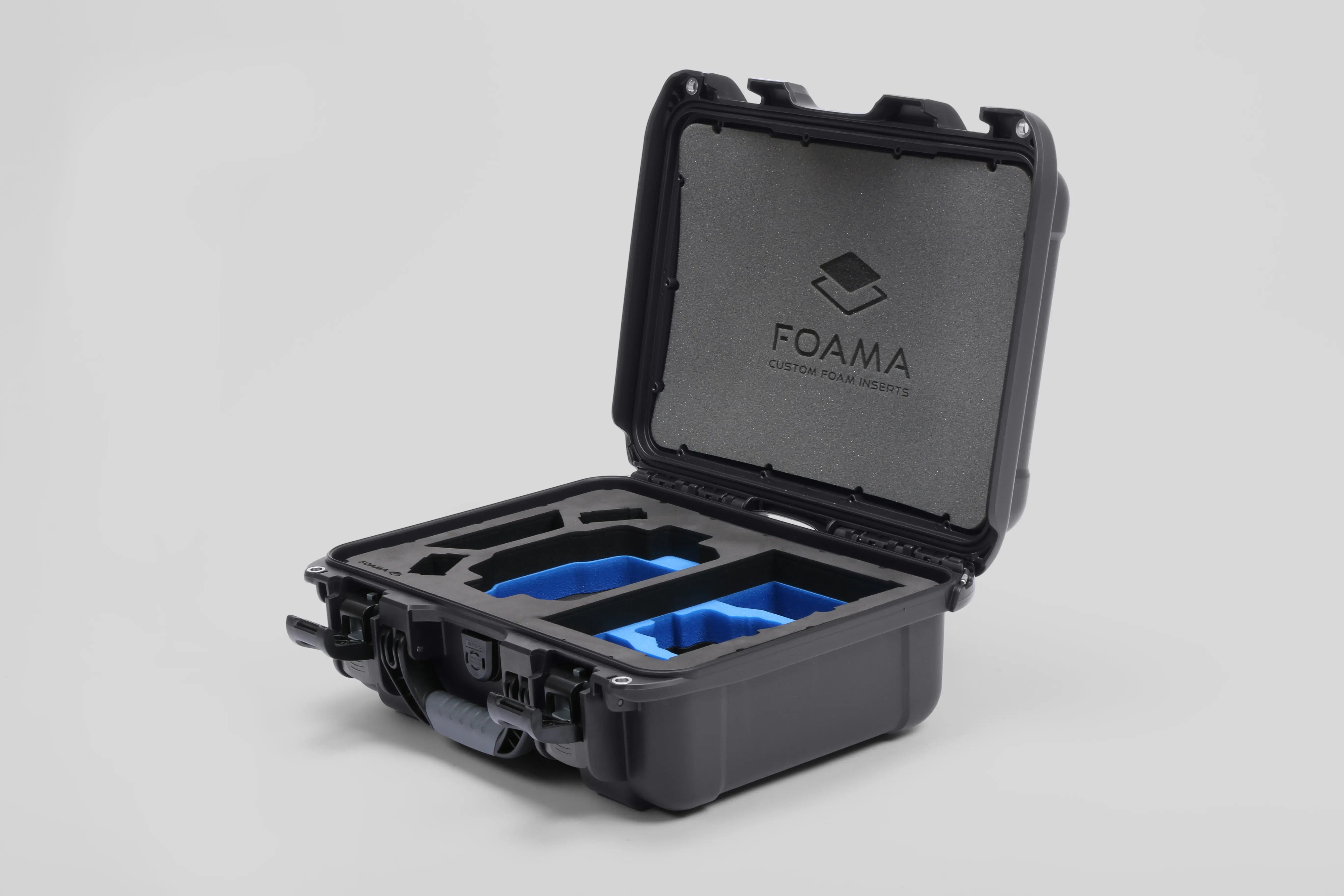 Angled view of Foama Black Color Hard Case and Custom Foam Insert with a Stylish Blue Layer for DJI Mini 3 & 4 Pro