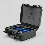 Angled view of Foama Olive Color Hard Case and Custom Foam Insert with a Stylish Blue Layer for DJI Mini 3 & 4 Pro