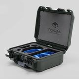 Angled view of Foama Olive Color Hard Case and Custom Foam Insert with a Stylish Blue Layer for DJI Mini 3 & 4 Pro