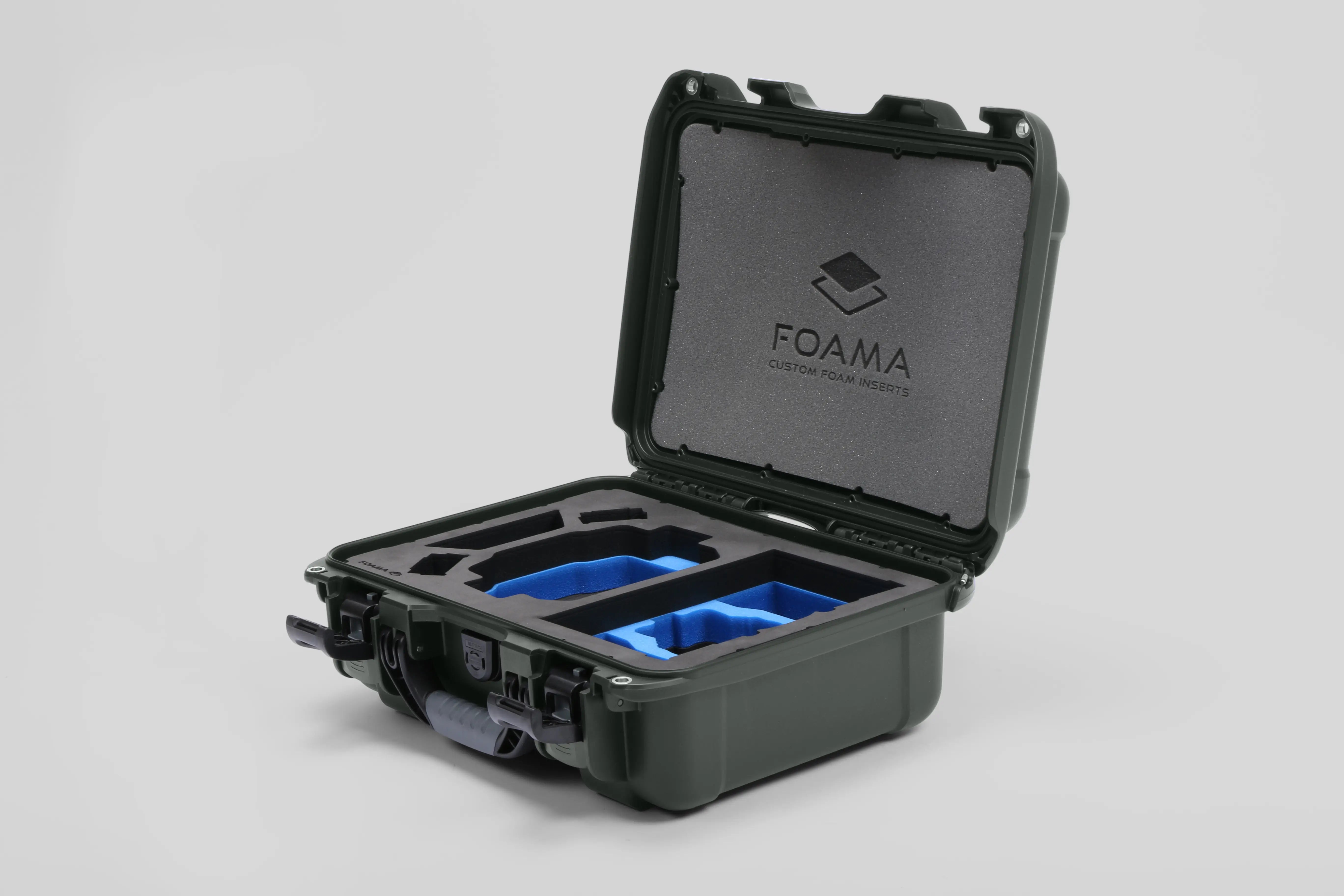 Angled view of Foama Olive Color Hard Case and Custom Foam Insert with a Stylish Blue Layer for DJI Mini 3 & 4 Pro