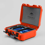 Angled view of Foama Orange Color Hard Case and Custom Foam Insert with a Stylish Blue Layer for DJI Mini 3 & 4 Pro
