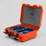 Angled view of Foama Orange Color Hard Case and Custom Foam Insert with a Stylish Blue Layer for DJI Mini 3 & 4 Pro