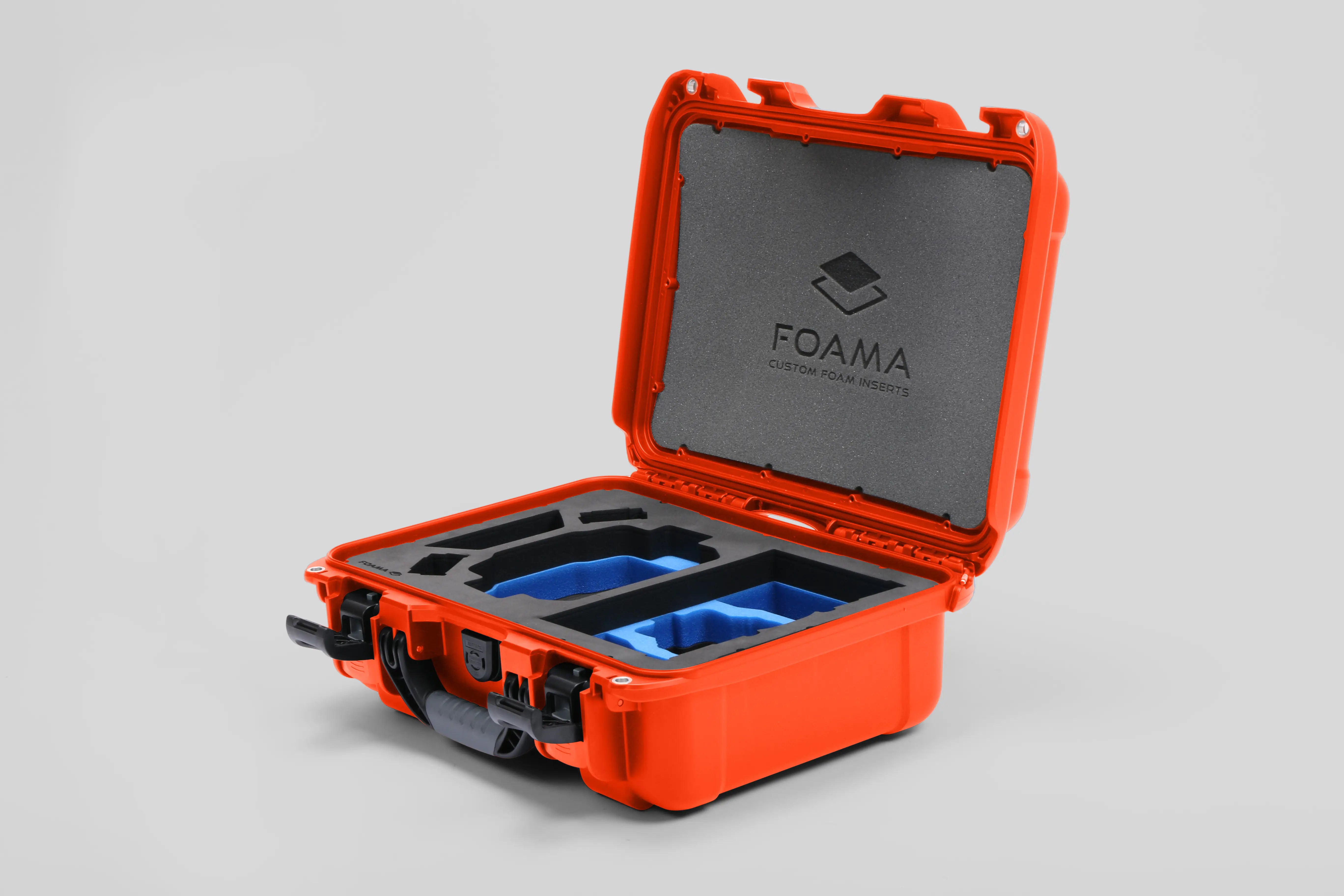 Angled view of Foama Orange Color Hard Case and Custom Foam Insert with a Stylish Blue Layer for DJI Mini 3 & 4 Pro