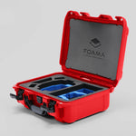 Angled view of Foama Red Color Hard Case and Custom Foam Insert with a Stylish Blue Layer for DJI Mini 3 & 4 Pro