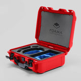 Angled view of Foama Red Color Hard Case and Custom Foam Insert with a Stylish Blue Layer for DJI Mini 3 & 4 Pro