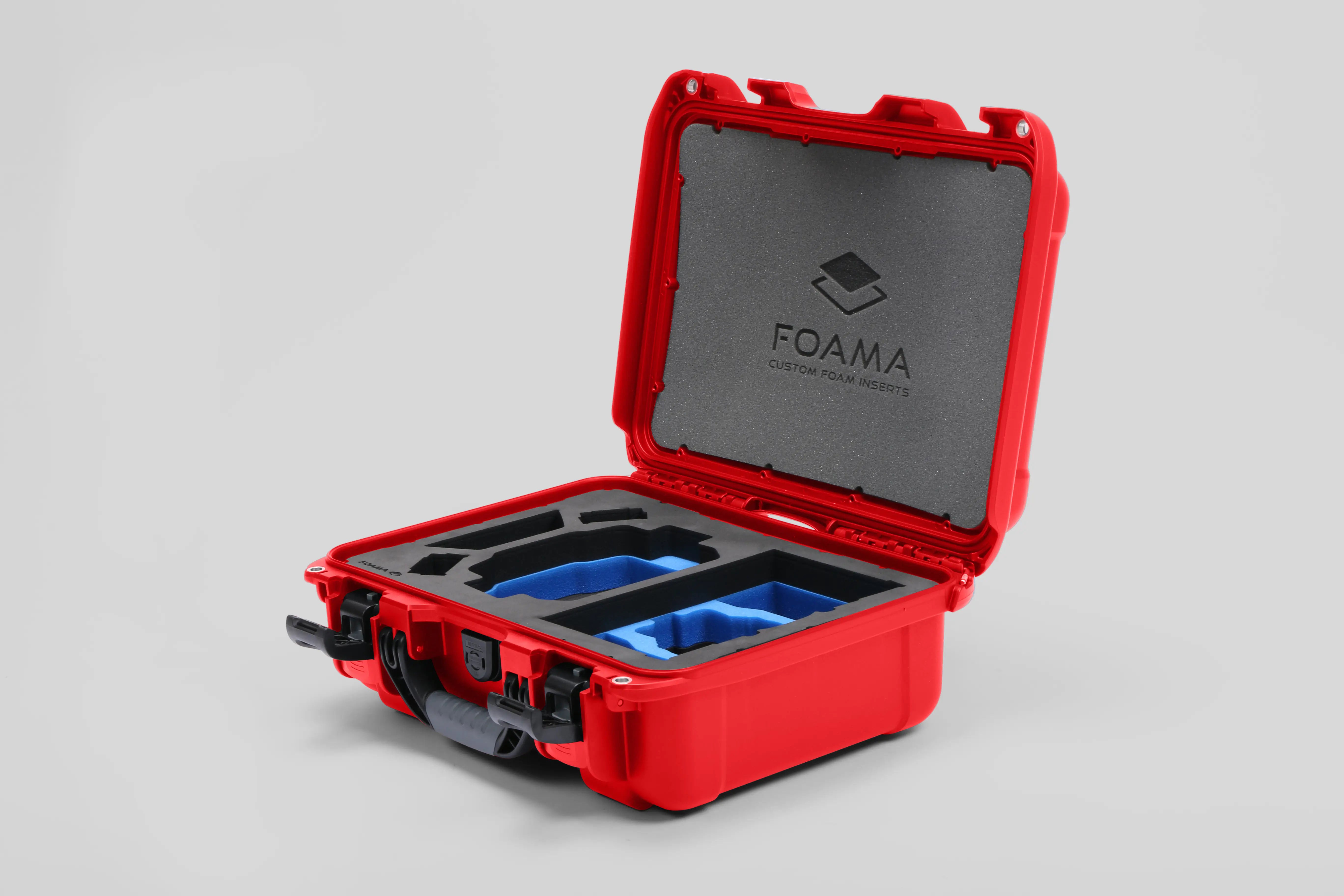 Angled view of Foama Red Color Hard Case and Custom Foam Insert with a Stylish Blue Layer for DJI Mini 3 & 4 Pro