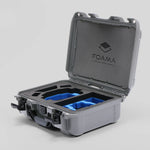 Angled view of Foama Silver Color Hard Case and Custom Foam Insert with a Stylish Blue Layer for DJI Mini 3 & 4 Pro