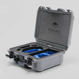 Angled view of Foama Silver Color Hard Case and Custom Foam Insert with a Stylish Blue Layer for DJI Mini 3 & 4 Pro