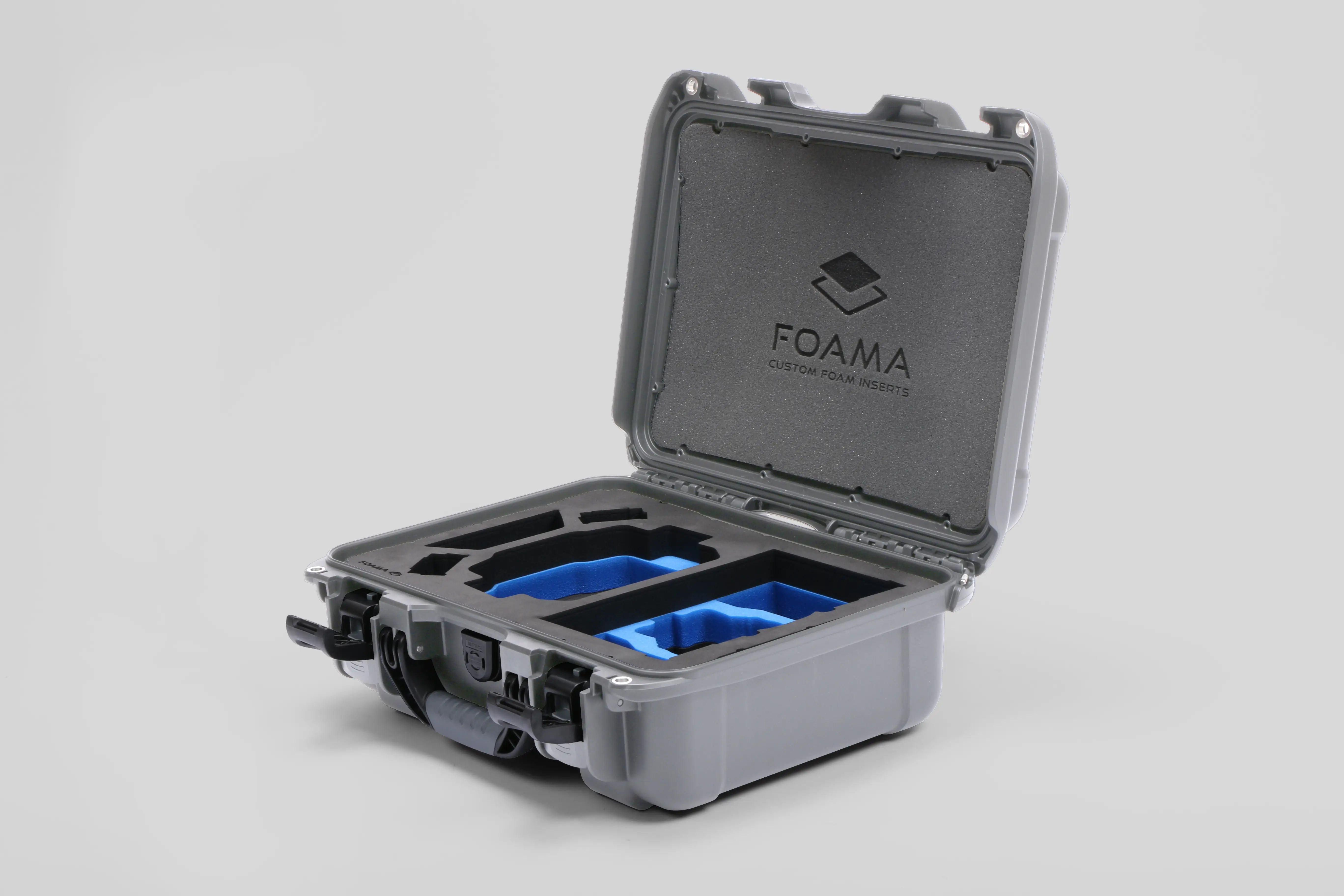 Angled view of Foama Silver Color Hard Case and Custom Foam Insert with a Stylish Blue Layer for DJI Mini 3 & 4 Pro