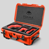 Angled view of Foama Orange Color Carry-on case and Custom Foam Insert with Red Layer for RED Komodo-X