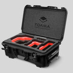Angled view of Foama Black Color Carry-on case and Custom Foam Insert with Red Layer for RED Komodo-X