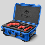 Angled view of Foama Blue Color Carry-on case and Custom Foam Insert with Red Layer for RED Komodo-X