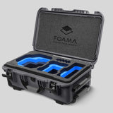 Angled view of Foama Graphite Color Carry-on case and Custom Foam Insert with Blue Layer for RED Komodo-X