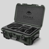 Angled view of Foama Olive Color Carry-on case and Custom Foam Insert for RED Komodo-X