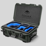 Angled view of Foama Olive Color Carry-on case and Custom Foam Insert with Blue Layer for RED Komodo-X