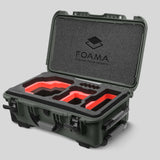 Angled view of Foama Olive Color Carry-on case and Custom Foam Insert with Red Layer for RED Komodo-X