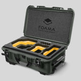 Angled view of Foama Olive Color Carry-on case and Custom Foam Insert with Yellow Layer for RED Komodo-X