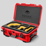 Angled view of Foama Red Color Carry-on case and Custom Foam Insert with Yellow Layer for RED Komodo-X