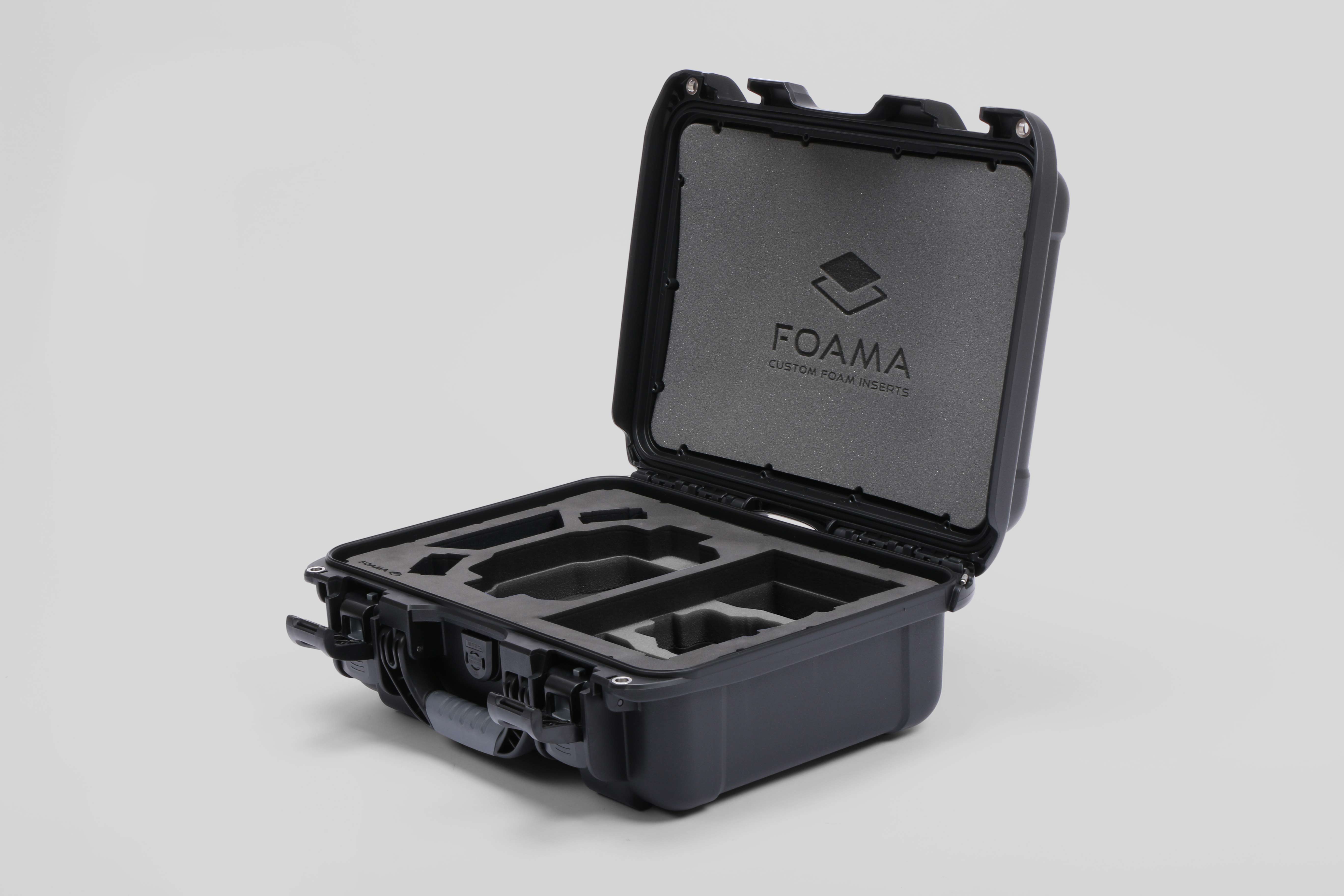 Angled View of a DJI Mini 3 & 4 Pro Black Color Hard Case with Custom Black Foam Insert