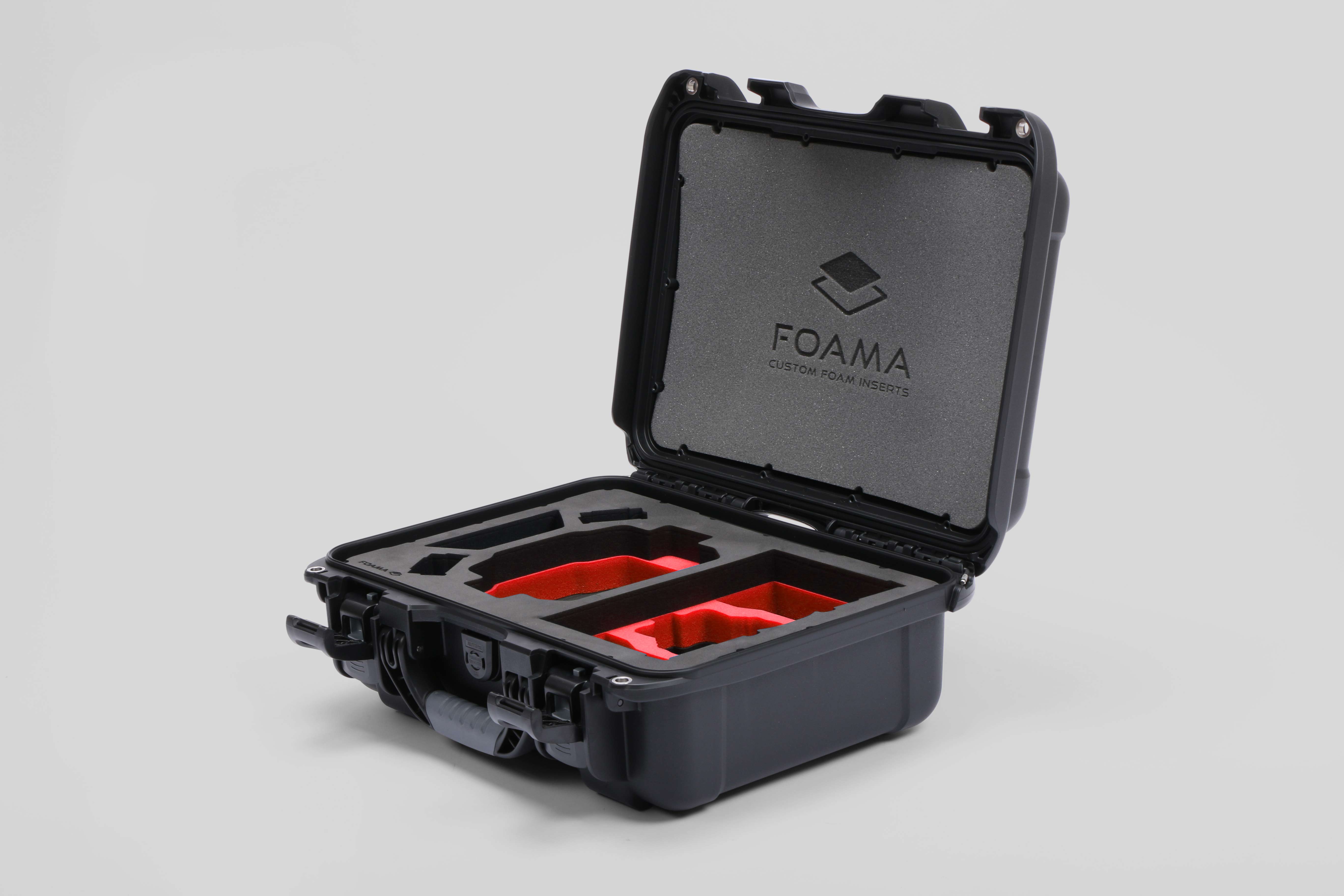 Angled View of a DJI Mini 4 Pro Black Color Hard Case with Custom Red Foam Insert