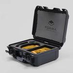Angled View of a DJI Mini 3 & 4 Pro Black Color Hard Case with Custom Yellow Foam Insert