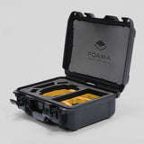 Angled View of a DJI Mini 3 & 4 Pro Black Color Hard Case with Custom Yellow Foam Insert