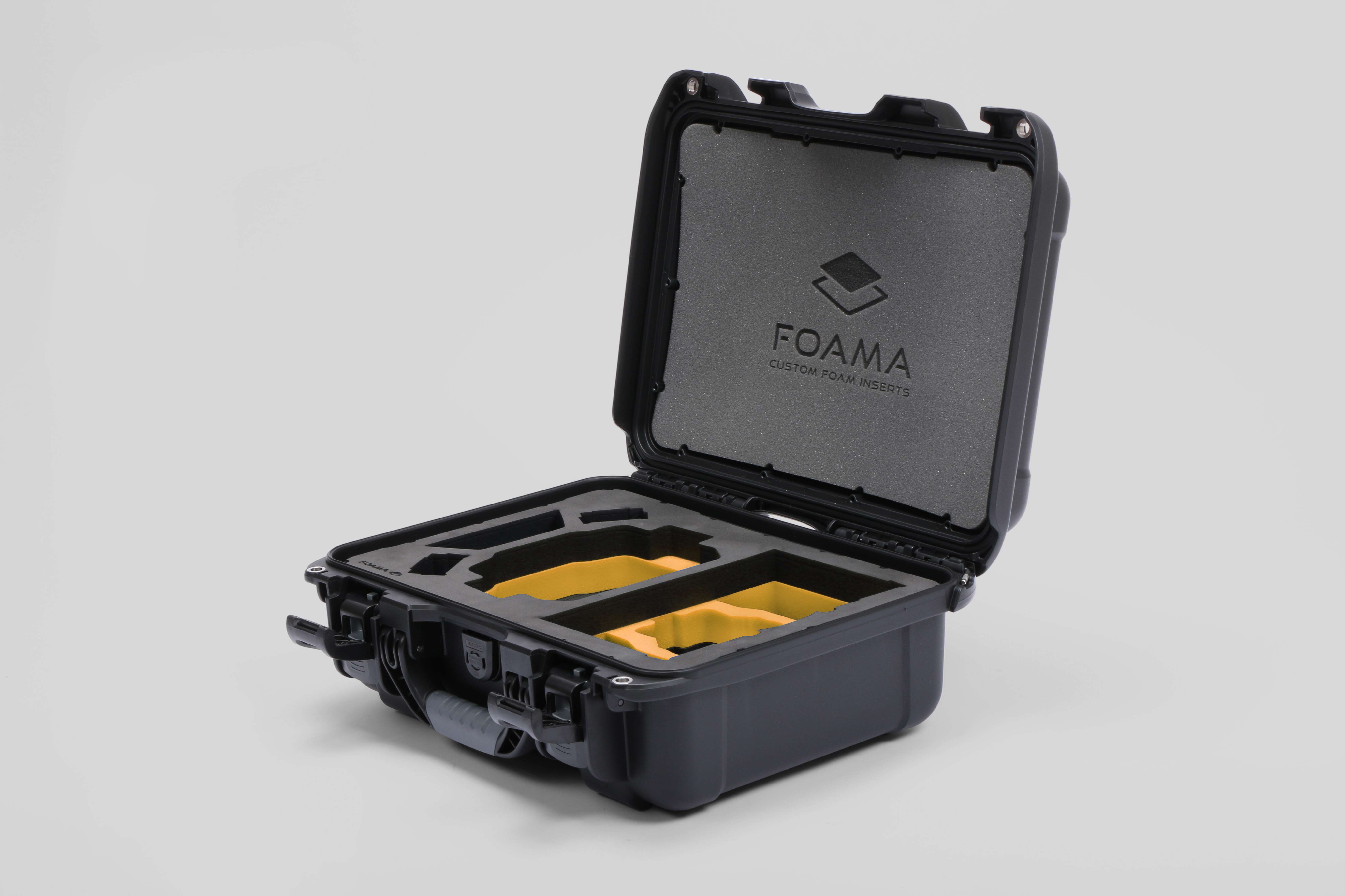Angled View of a DJI Mini 3 & 4 Pro Black Color Hard Case with Custom Yellow Foam Insert