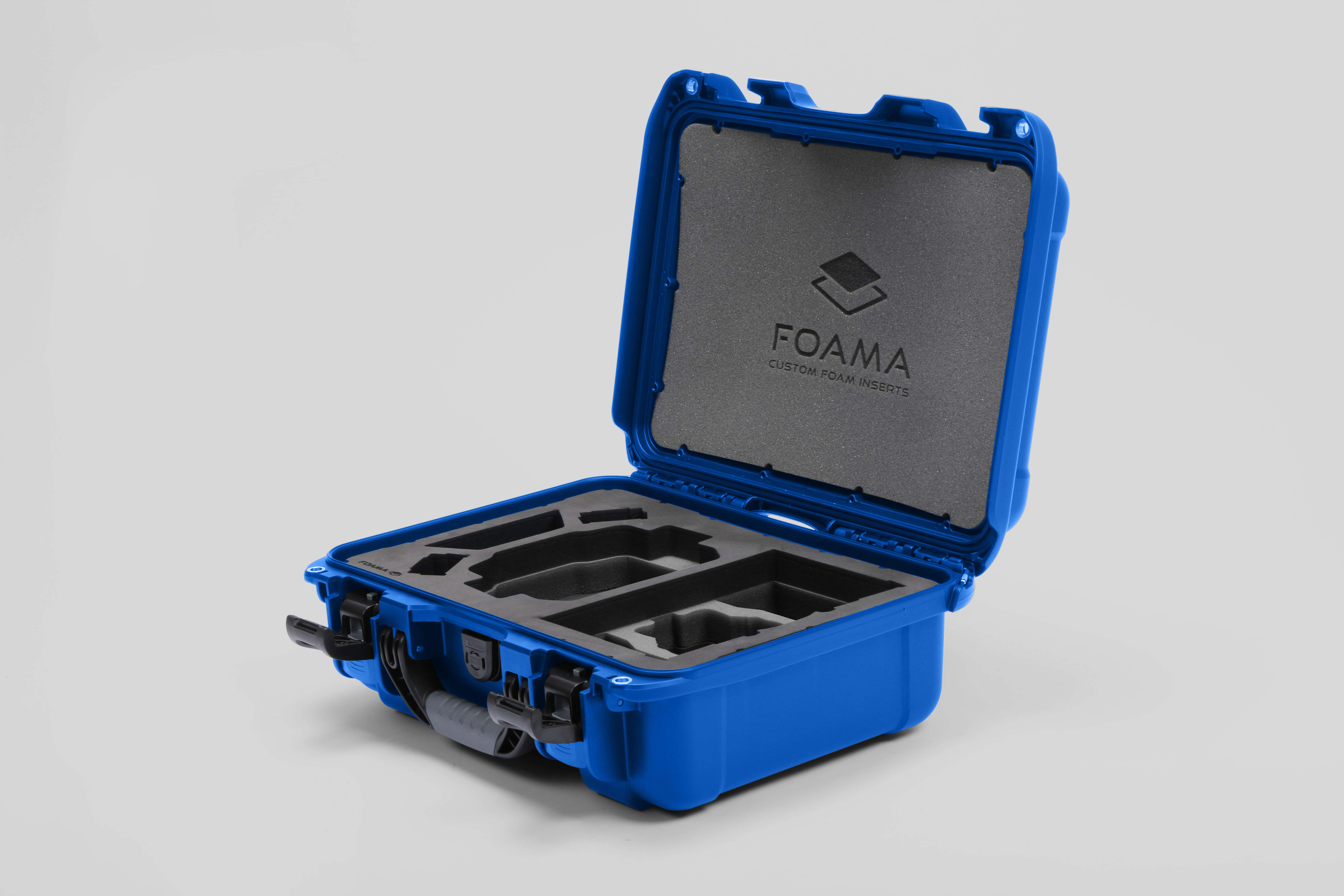 Angled View of a DJI Mini 4 Pro Blue Color Hard Case with Custom Black Foam Insert