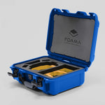 Angled View of a DJI Mini 4 Pro Blue Color Hard Case with Custom Yellow Foam Insert
