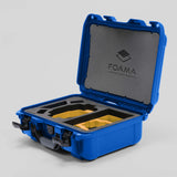 Angled View of a DJI Mini 4 Pro Blue Color Hard Case with Custom Yellow Foam Insert