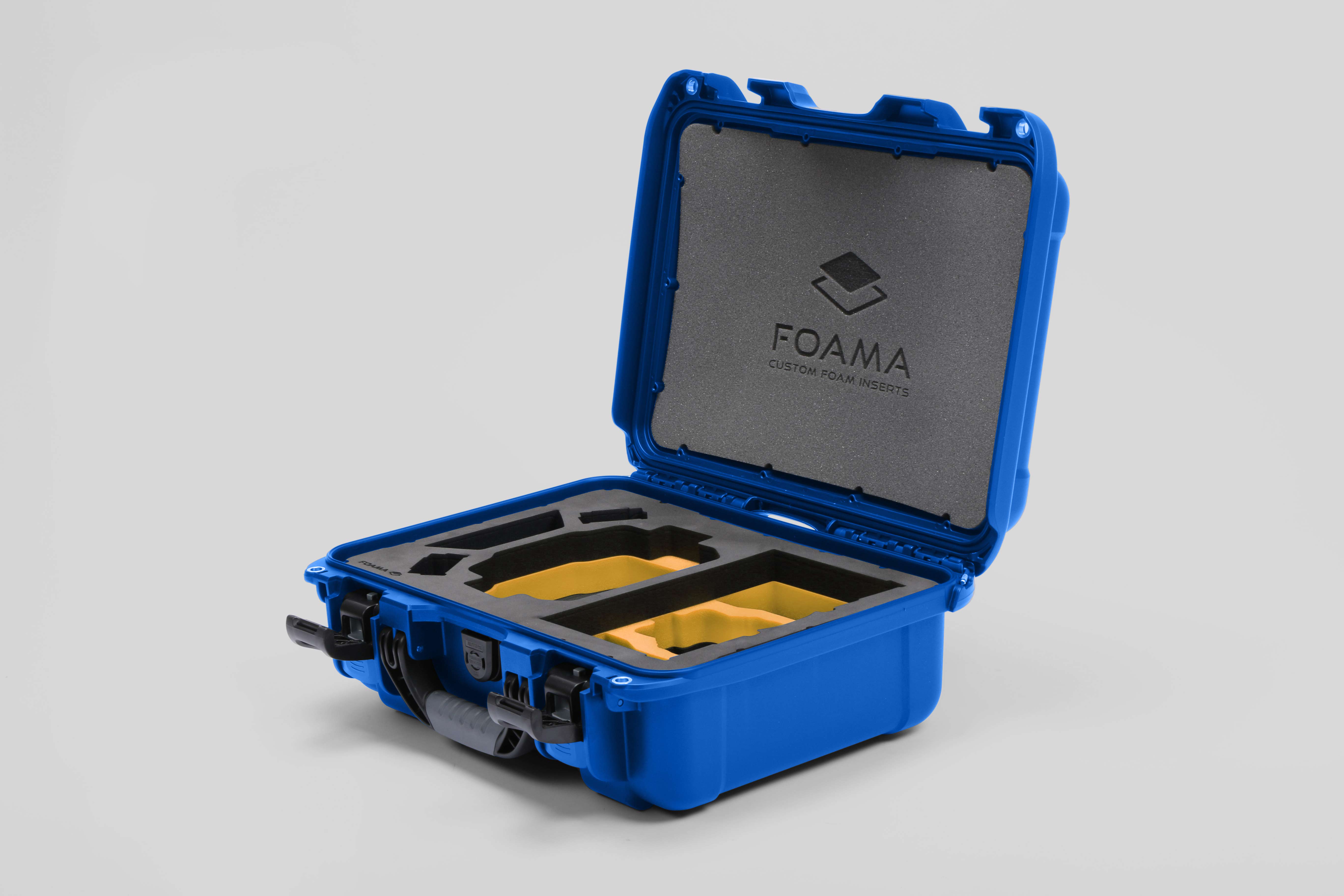 Angled View of a DJI Mini 4 Pro Blue Color Hard Case with Custom Yellow Foam Insert