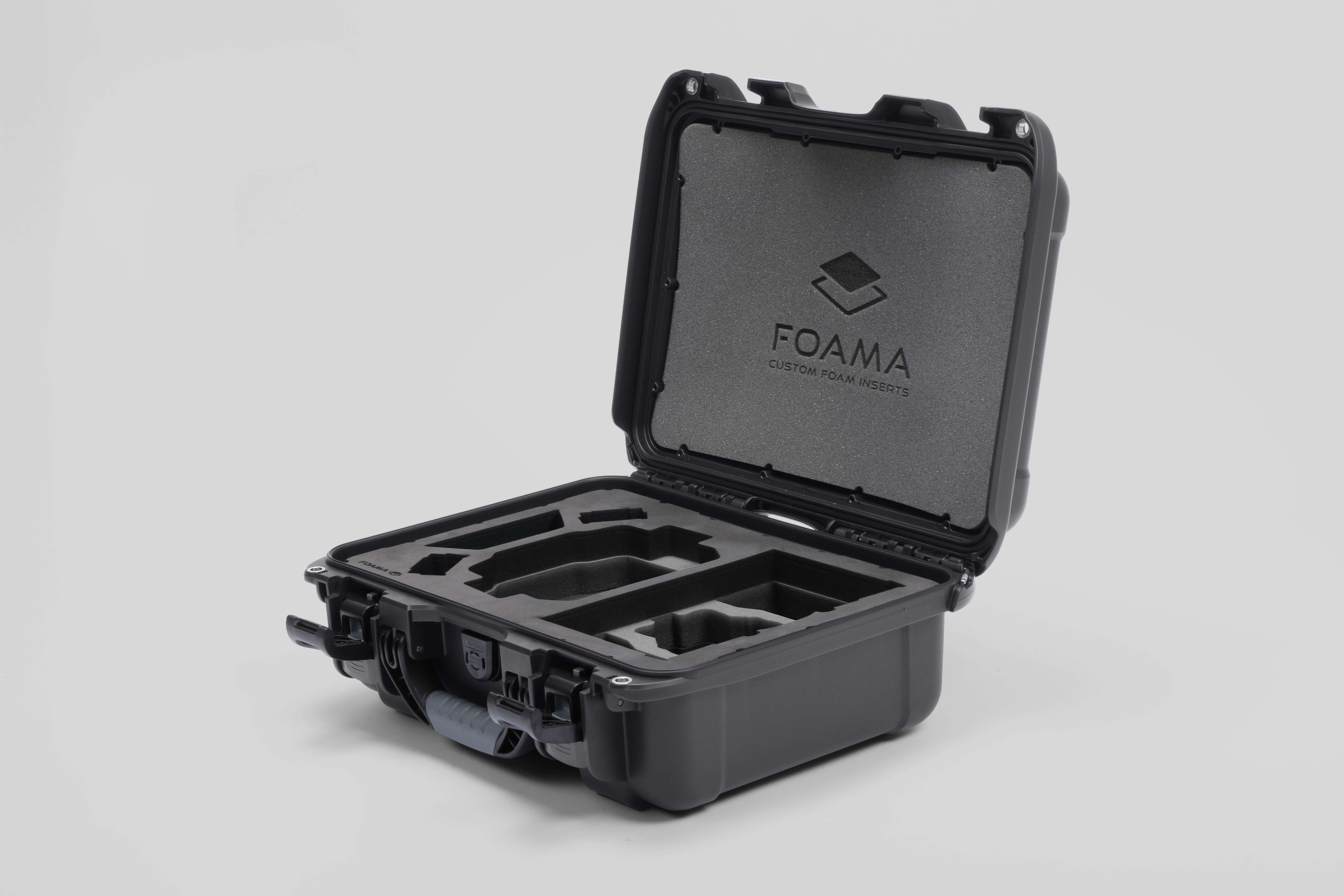 Angled view of Foama Black Color Hard Case and Custom Foam Insert with a Stylish Black Layer for DJI Mini 3 & 4 Pro