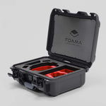 Angled view of Foama Black Color Hard Case and Custom Foam Insert with a Stylish Red Layer for DJI Mini 3 & 4 Pro