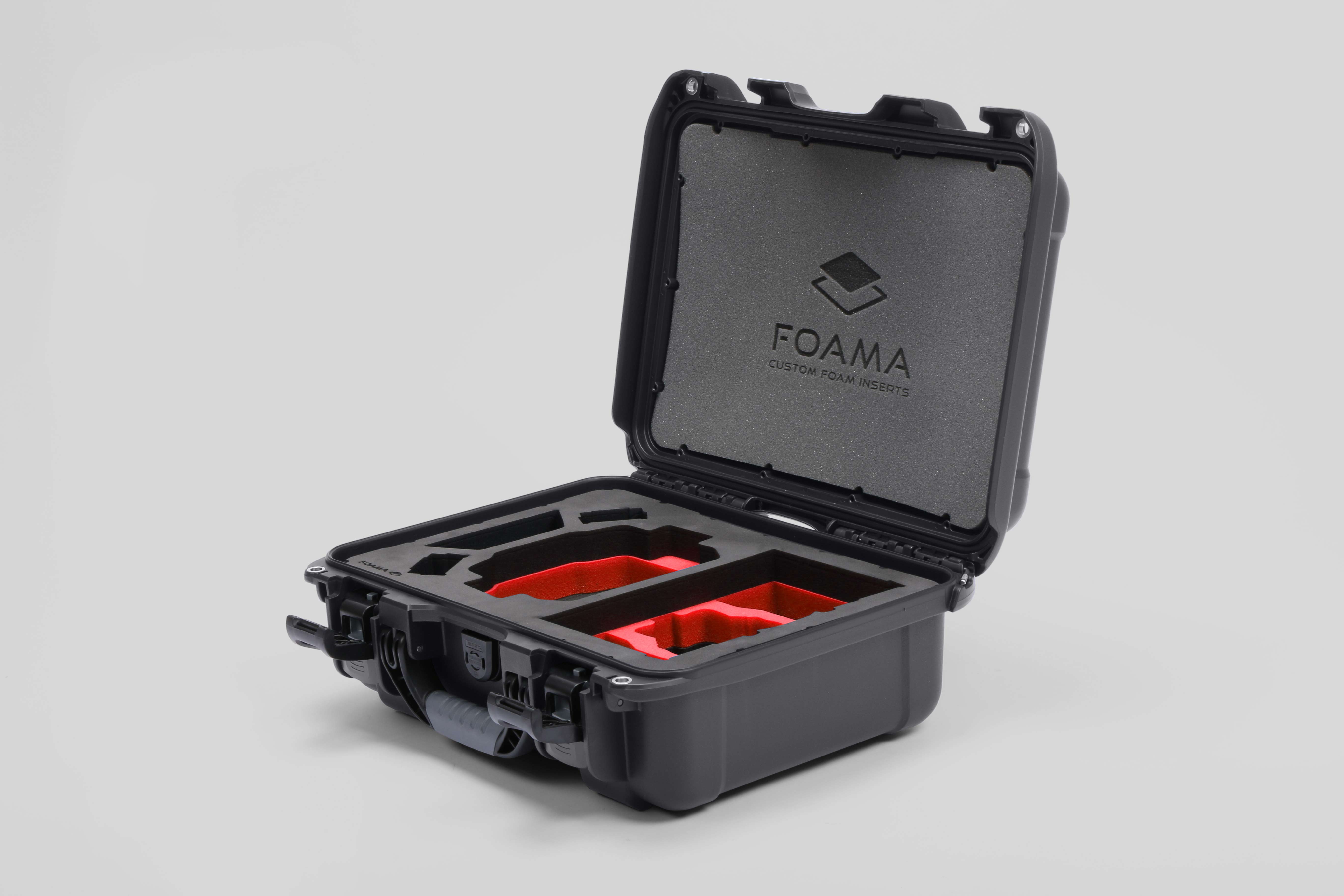 Angled view of Foama Black Color Hard Case and Custom Foam Insert with a Stylish Red Layer for DJI Mini 3 & 4 Pro