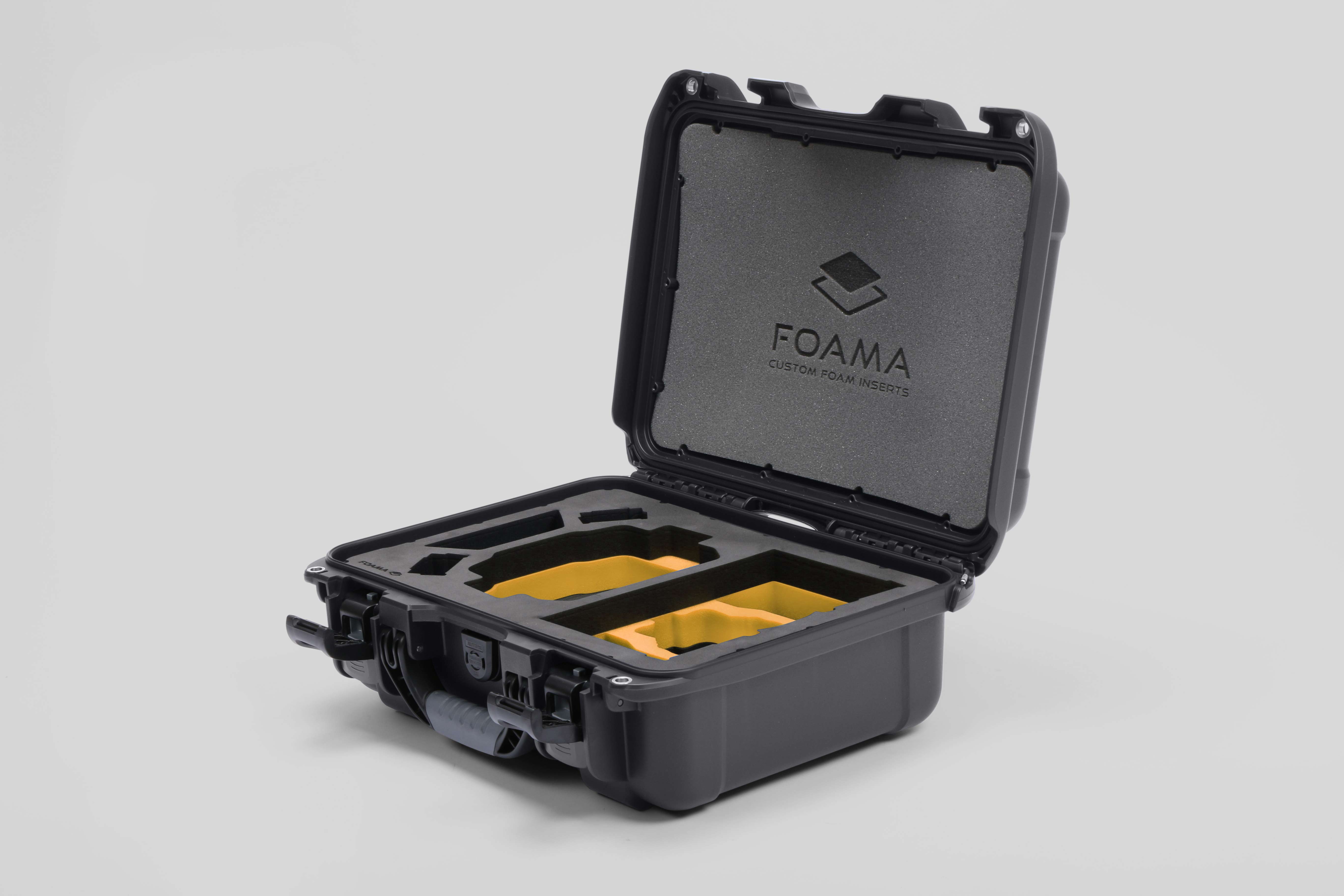 Angled view of Foama Black Color Hard Case and Custom Foam Insert with a Stylish Yellow Layer for DJI Mini 3 & 4 Pro