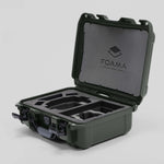 Angled view of Foama Olive Color Hard Case and Custom Foam Insert with a Stylish Black Layer for DJI Mini 3 & 4 Pro
