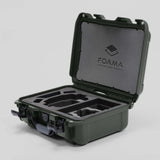 Angled view of Foama Olive Color Hard Case and Custom Foam Insert with a Stylish Black Layer for DJI Mini 3 & 4 Pro