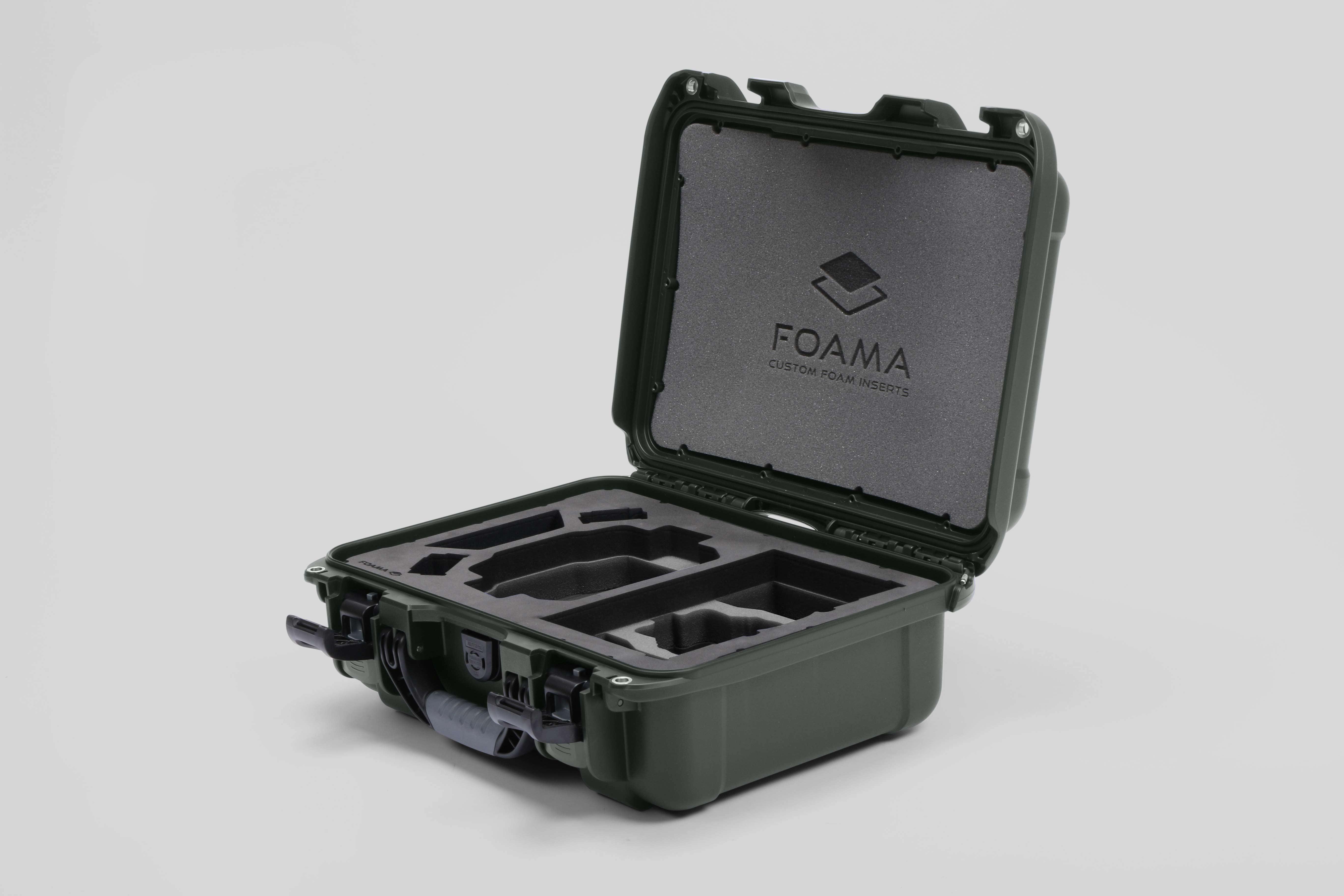 Angled view of Foama Olive Color Hard Case and Custom Foam Insert with a Stylish Black Layer for DJI Mini 3 & 4 Pro