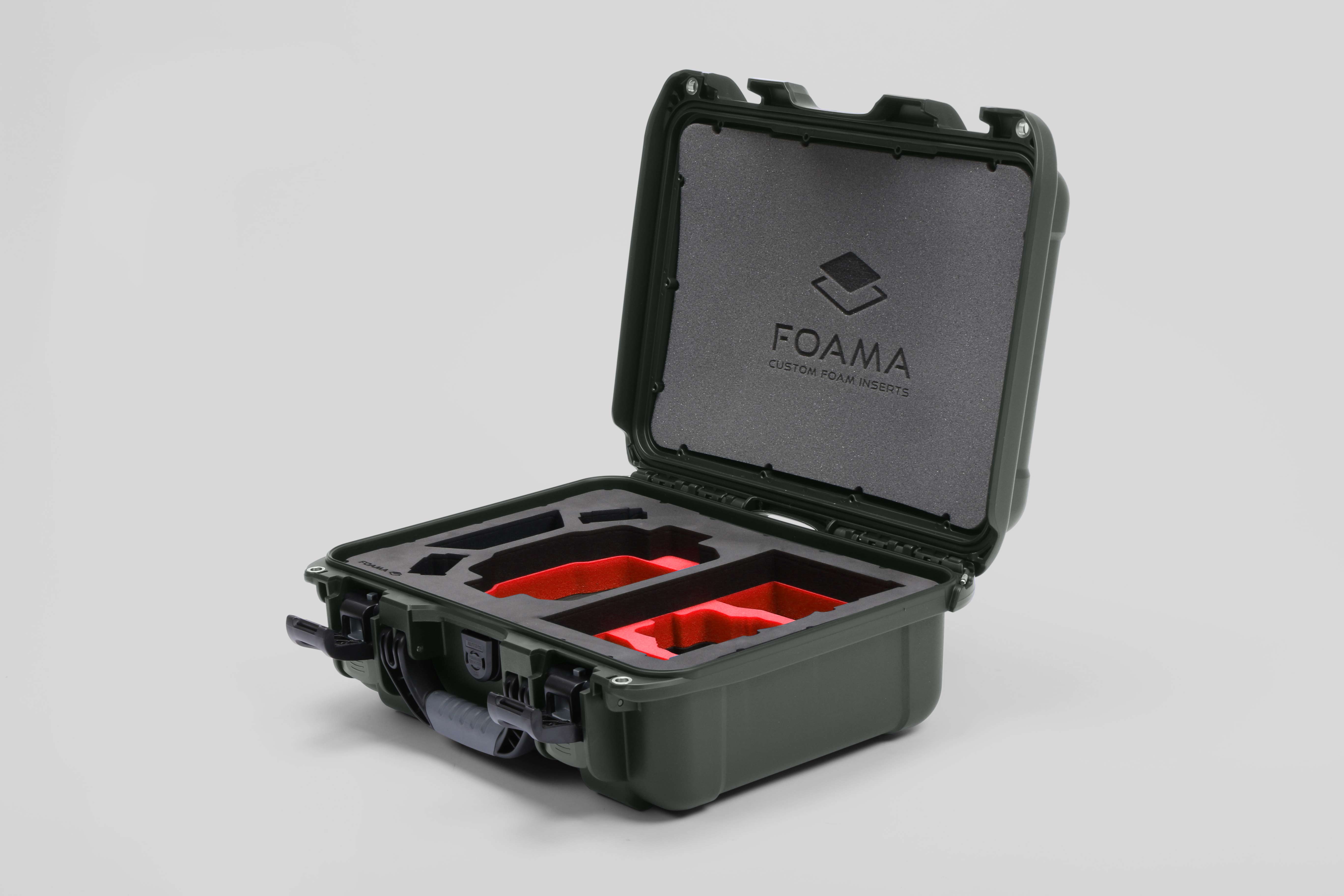 Angled view of Foama Olive Color Hard Case and Custom Foam Insert with a Stylish Red Layer for DJI Mini 3 & 4 Pro
