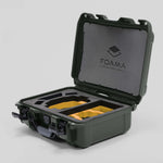 Angled view of Foama Olive Color Hard Case and Custom Foam Insert with a Stylish Yellow Layer for DJI Mini 3 & 4 Pro